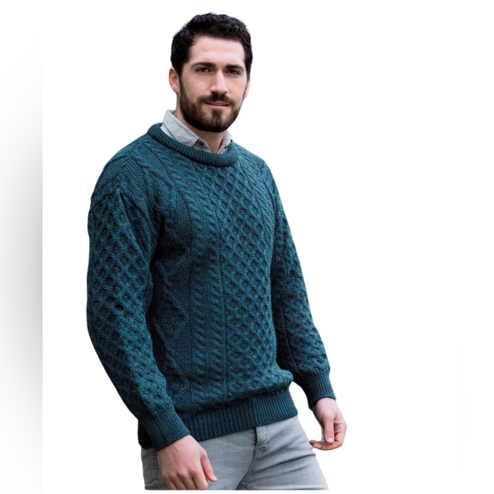Aran Crafts Mens Irish Fisherman Cable Knit Wool Sweater Size XL Dark Green EUC - Picture 1 of 9